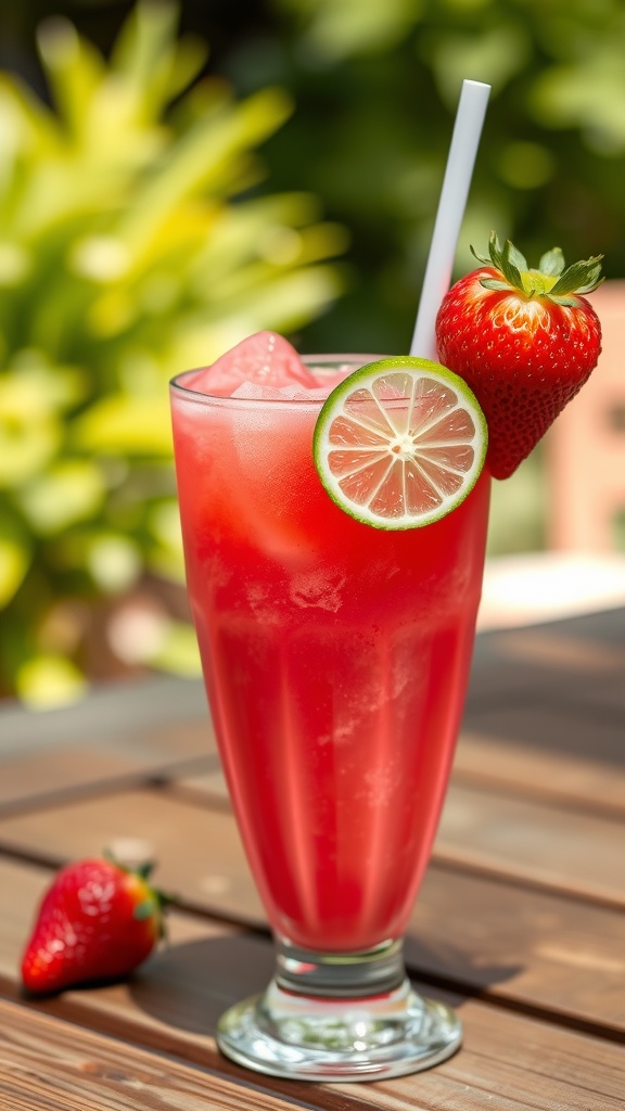 A refreshing strawberry tequila lime slush in a glass garnished with lime and strawberry in a bright outdoor setting.